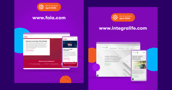 Two website screenshots displayed side by side on a purple background. On the left, the FAIA website at www.faia.com shows desktop and mobile views with a "What are you looking for?" member tool. On the right, the Integra LifeSciences website at www.integralife.com displays desktop and mobile views featuring healthcare content. Both are badged as Kentico's Site of the Month, April 2026, and were implemented by BizStream on Xperience by Kentico.