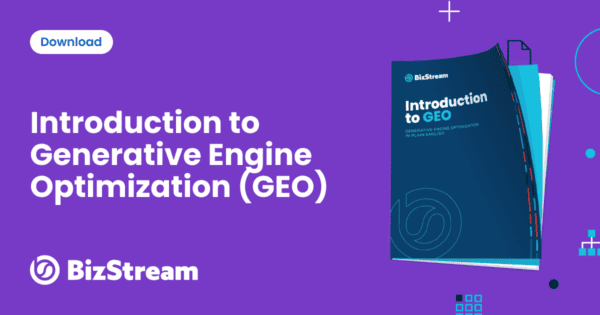 BizStream guide cover graphic with a purple background featuring the text "Introduction to Generative Engine Optimization (GEO)" alongside a 3D mockup of the guide booklet and the BizStream logo. A "Download" label appears in the upper left corner.