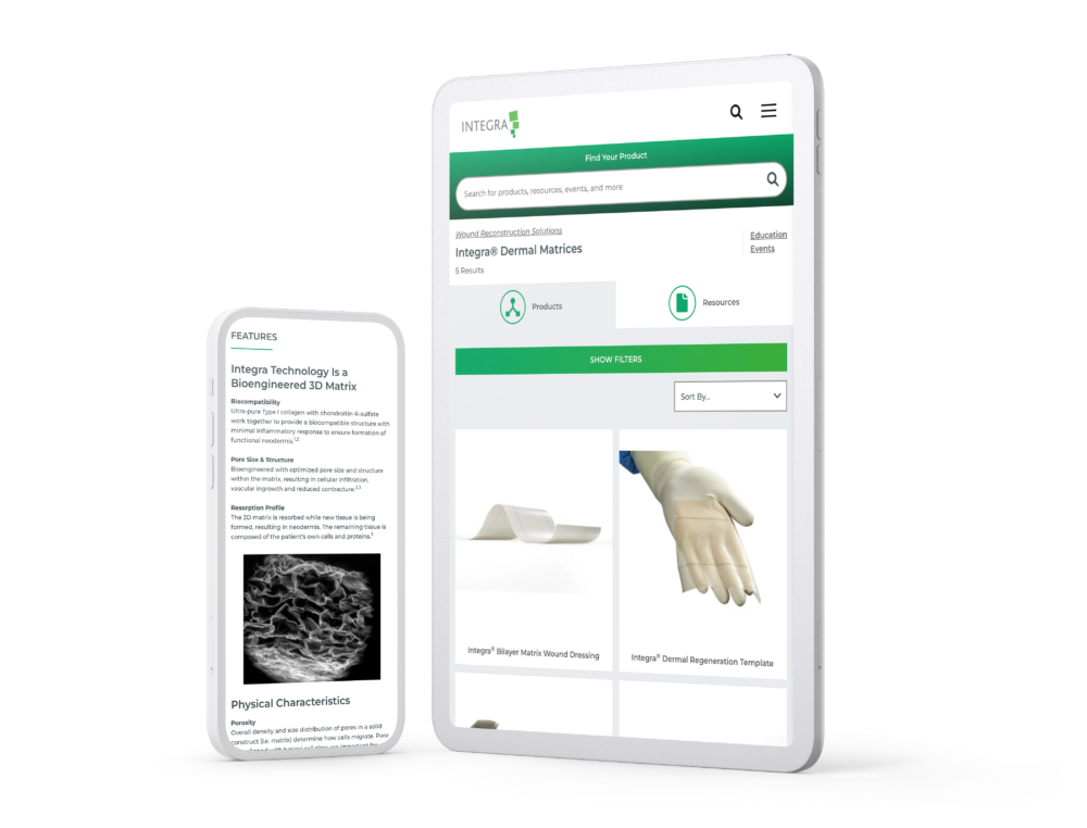 A phone and a tablet showcasing product pages from the Integra website