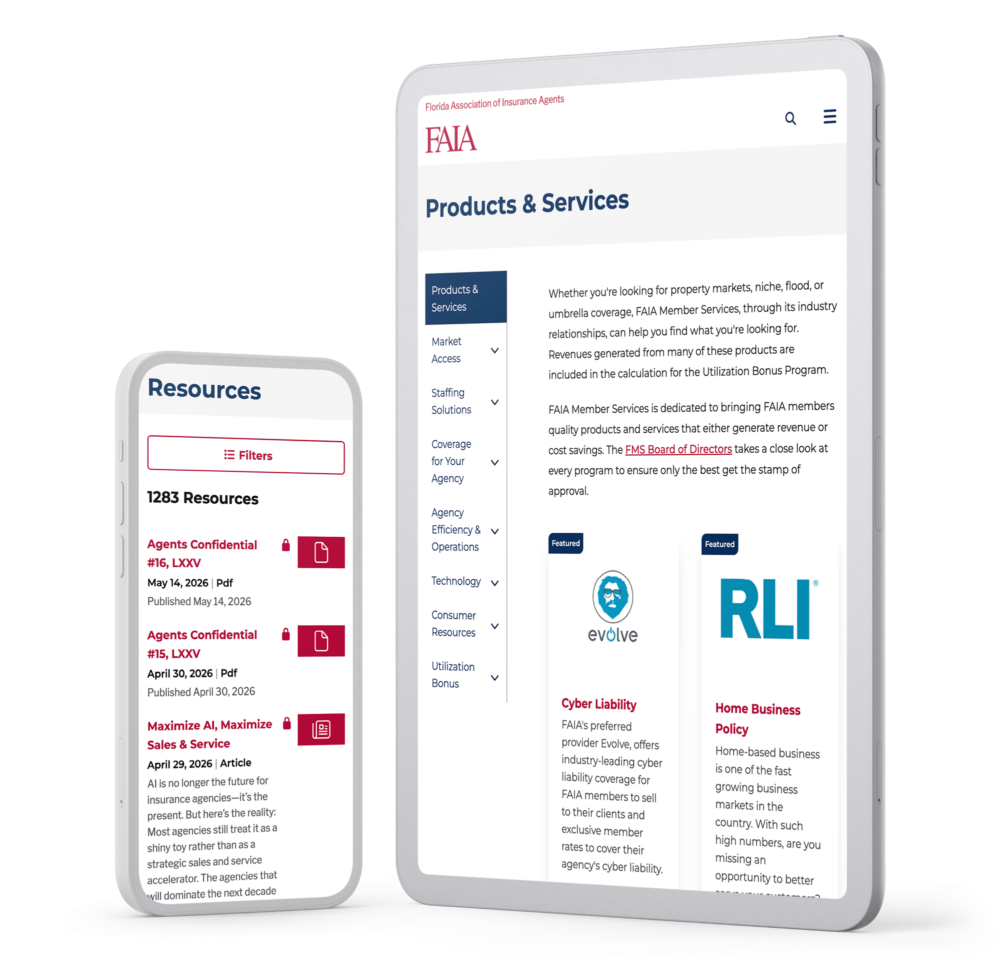 FAIA website shown on a tablet displaying the Products & Services page with nested navigation, and a phone showing the Resources listing with 1,283 filterable resources.