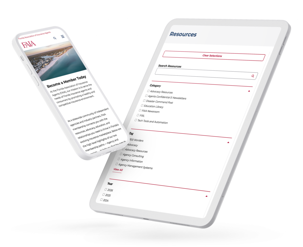 FAIA website shown on a tablet displaying the Resources page with category, tag, and year filters, and a phone showing the Become a Member page content.