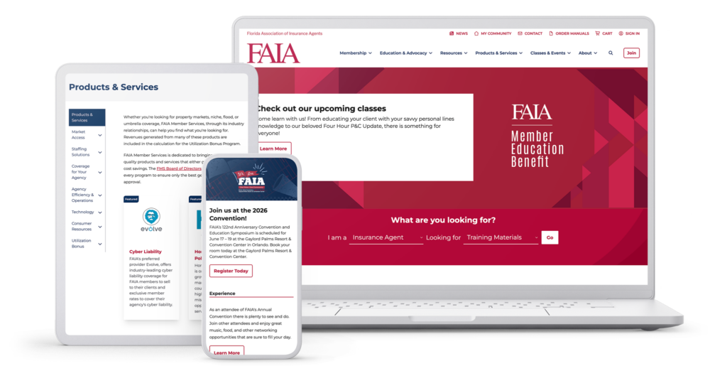 FAIA website displayed across a laptop, tablet, and phone showing the homepage, Products & Services page, and a 2026 Annual Convention promotional popup.
