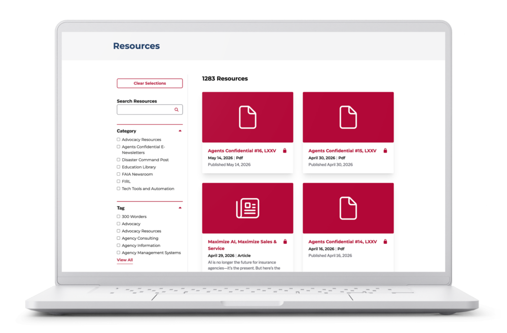 FAIA Resources page displayed on a laptop, showing a filterable grid of 1,283 member resources including PDFs and articles with category and tag filtering.