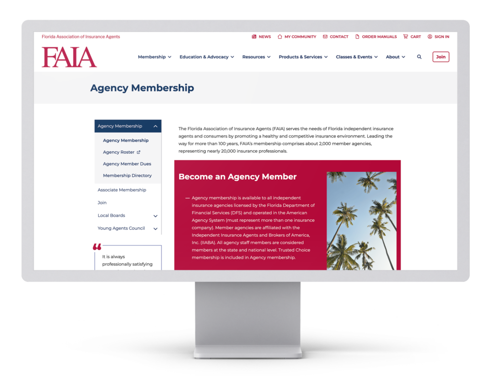 FAIA Agency Membership page displayed on a desktop monitor, showing the left-side navigation, membership overview text, and a "Become an Agency Member" callout section.