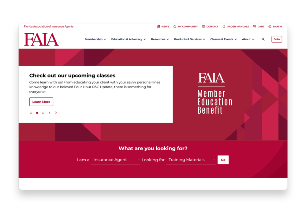 FAIA website homepage displayed in a browser mockup with the hero carousel, Member Education Benefit panel, and role-based resource finder tool.
