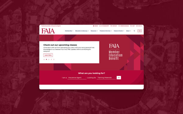 FAIA website homepage displayed in a browser mockup with a deep red background overlay showing an aerial view of a Florida waterway community.