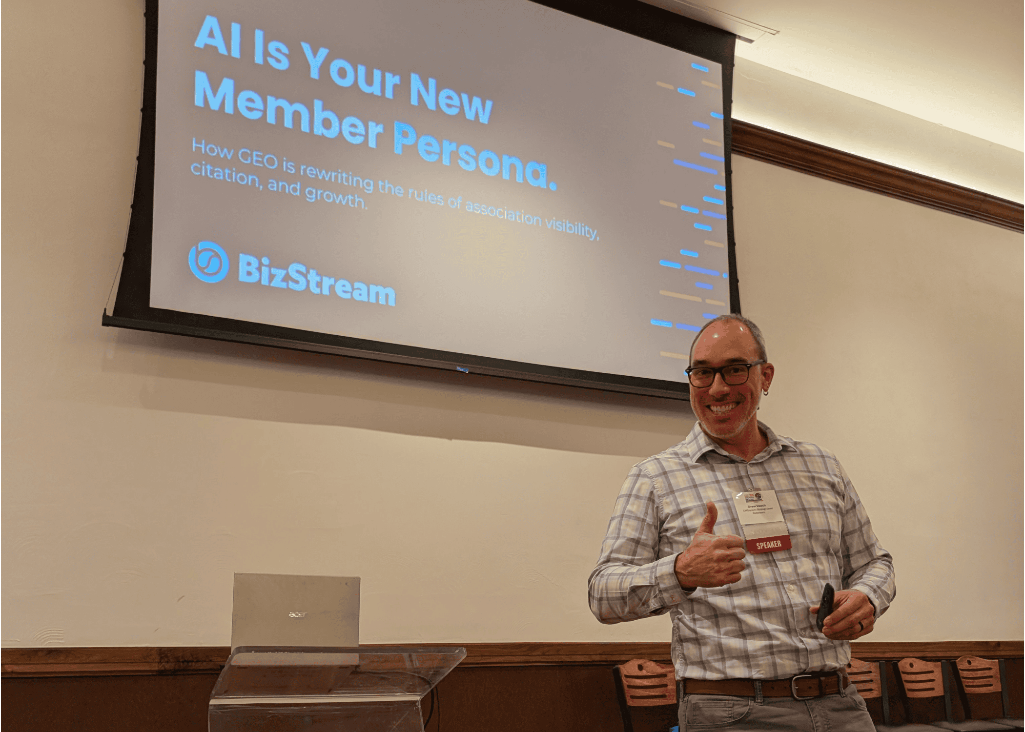 Drew giving a thumbs up in front of his presentation slide titled "AI Is Your New Member Persona" at the 2026 CSAE Annual Conference in Glenwood Springs, Colorado.