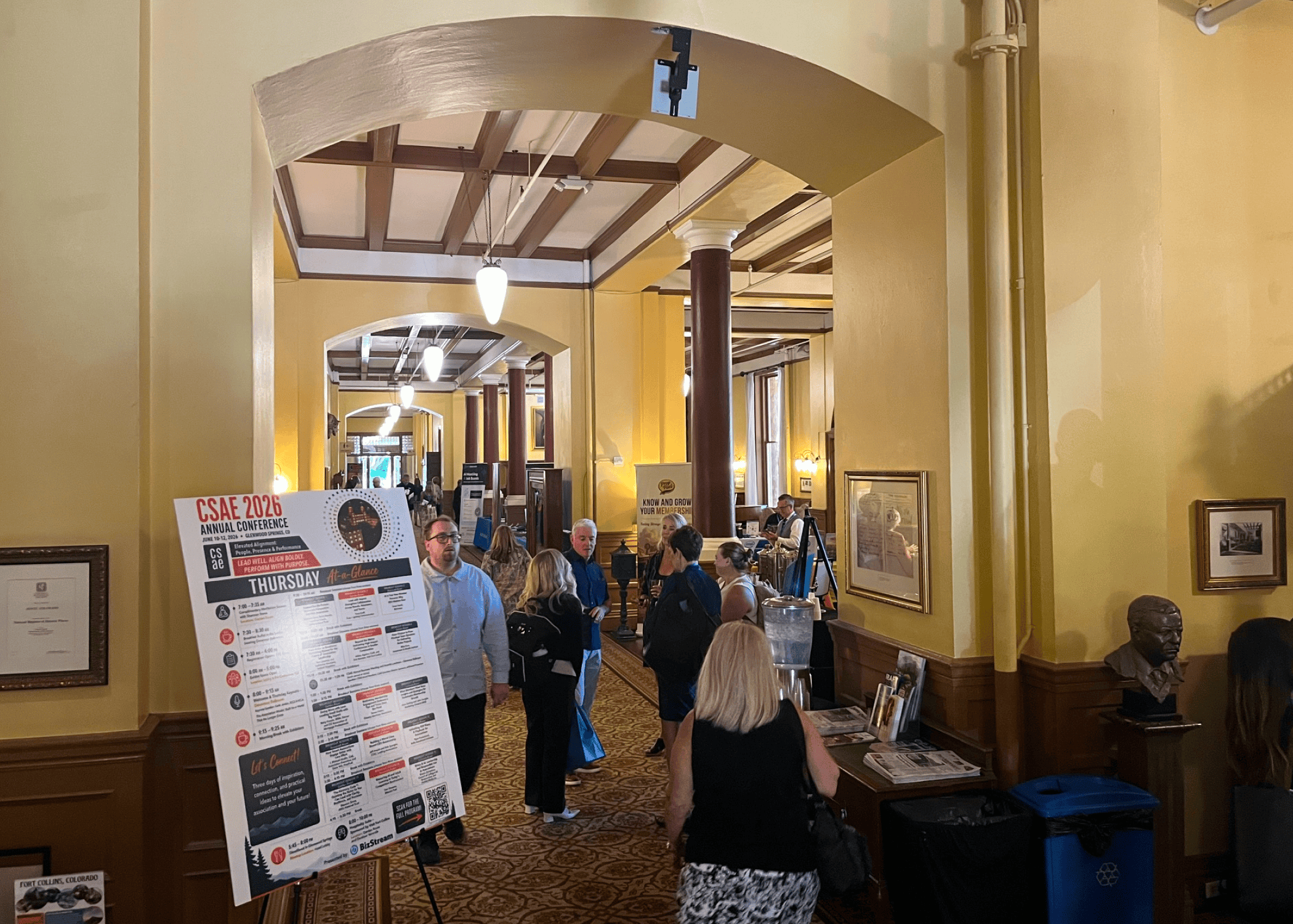 Association professionals networking in the historic lobby of Hotel Colorado during the 2026 CSAE Annual Conference in Glenwood Springs, Colorado.