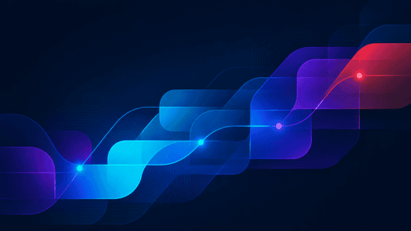 Abstract digital illustration featuring layered translucent geometric shapes flowing across a dark navy background. Rounded rectangular forms in cobalt blue, electric blue, violet, green, and red overlap and connect through smooth glowing lines, creating a sense of movement, structure, and digital connectivity. Generous negative space and subtle depth effects convey a modern, sophisticated technology brand aesthetic with no text, icons, or interface elements.
