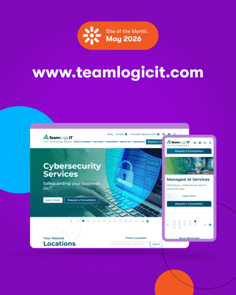 Kentico May 2026 Site of the Month graphic featuring www.teamlogicit.com, with desktop and mobile screenshots of the TeamLogic IT website on a purple background.