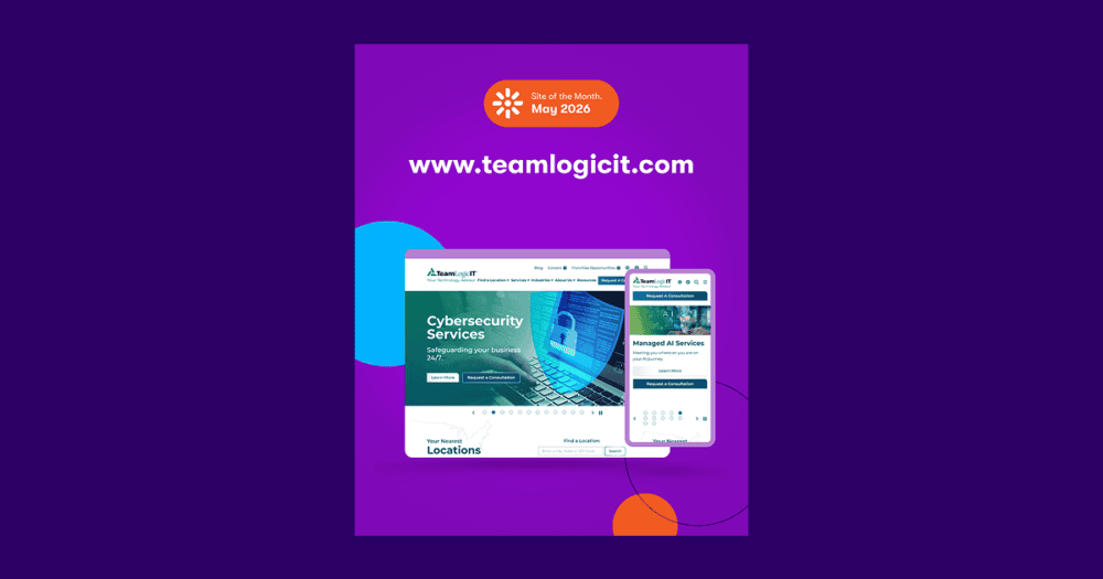 Kentico May 2026 Site of the Month graphic featuring www.teamlogicit.com, with desktop and mobile screenshots of the TeamLogic IT website on a purple background.