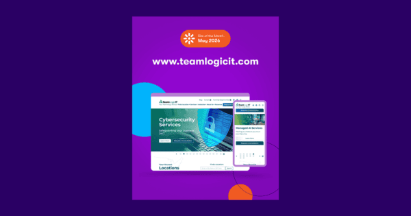 Kentico May 2026 Site of the Month graphic featuring www.teamlogicit.com, with desktop and mobile screenshots of the TeamLogic IT website on a purple background.
