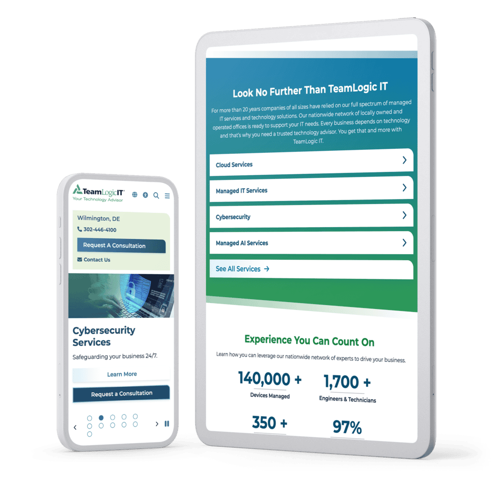 TeamLogic IT website displayed on a phone and tablet, showing a local franchise page and the national homepage with services menu and key network statistics.