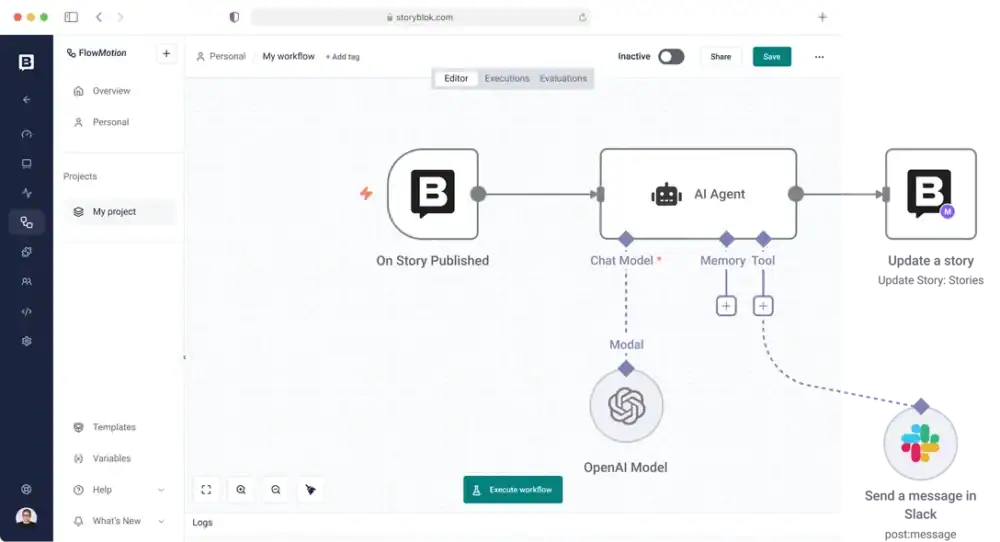 Screenshot of a FlowMotion workflow in Storyblok showing an automated pipeline triggered on story publish, passing content through an OpenAI AI Agent, and sending a Slack message with the updated story.