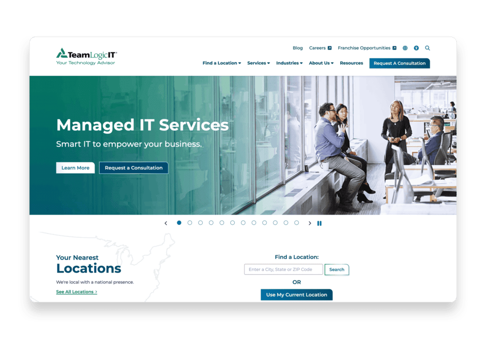 TeamLogic IT homepage displayed in a browser mockup, featuring the Managed IT Services hero banner with location finder below.