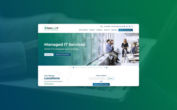 TeamLogic IT homepage displayed in a browser mockup with a blue-to-green gradient background, showing the Managed IT Services hero section and location finder.