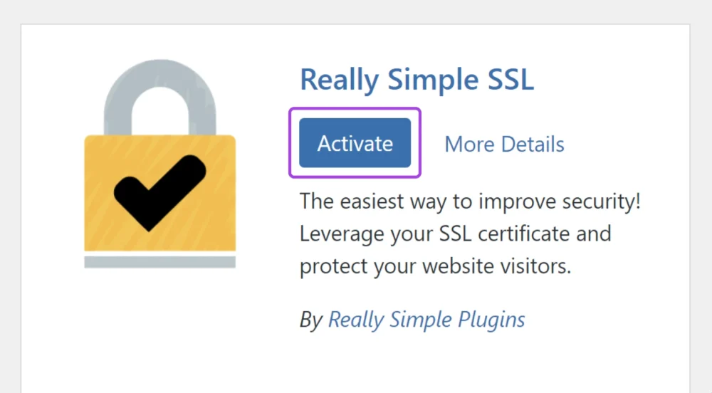 Really Simple SSL plugin activation screen with Activate button highlighted