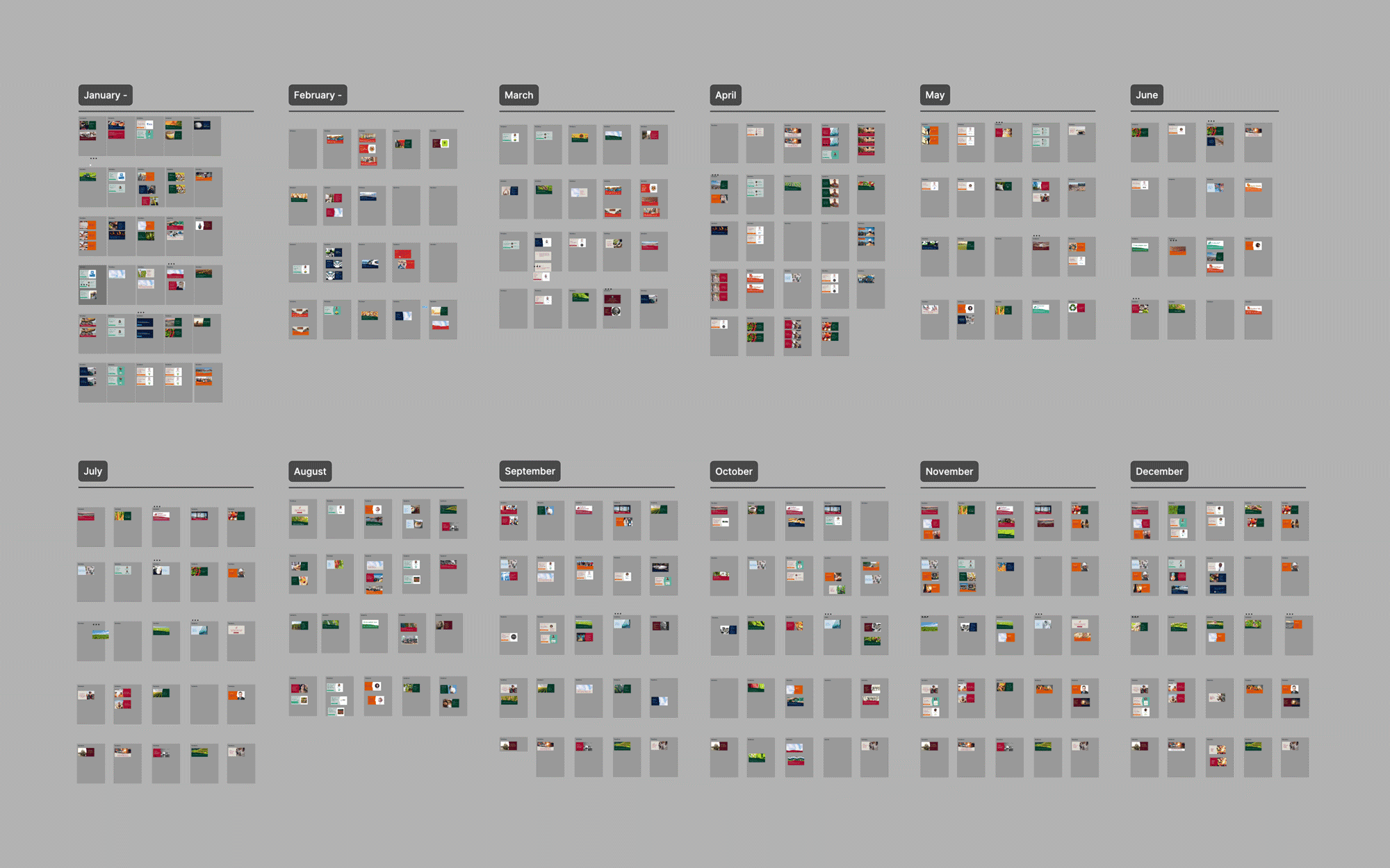 Full-year content calendar showing U.S. Borax blog and social post thumbnails scheduled month by month, January through December.