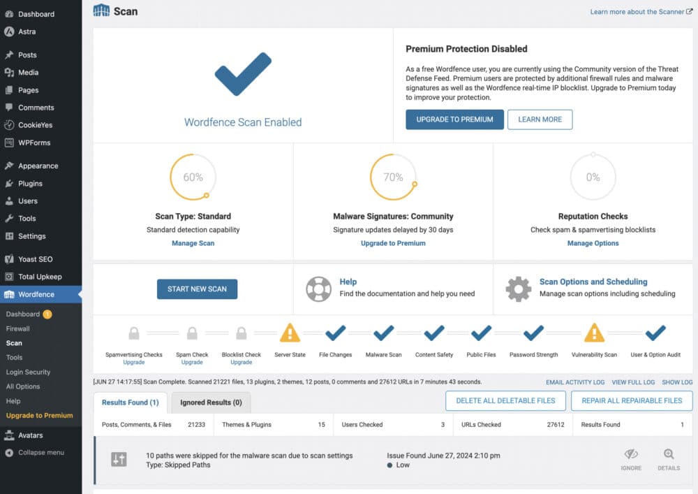 Wordfence Scan dashboard in WordPress showing completed security scan results and vulnerability checks