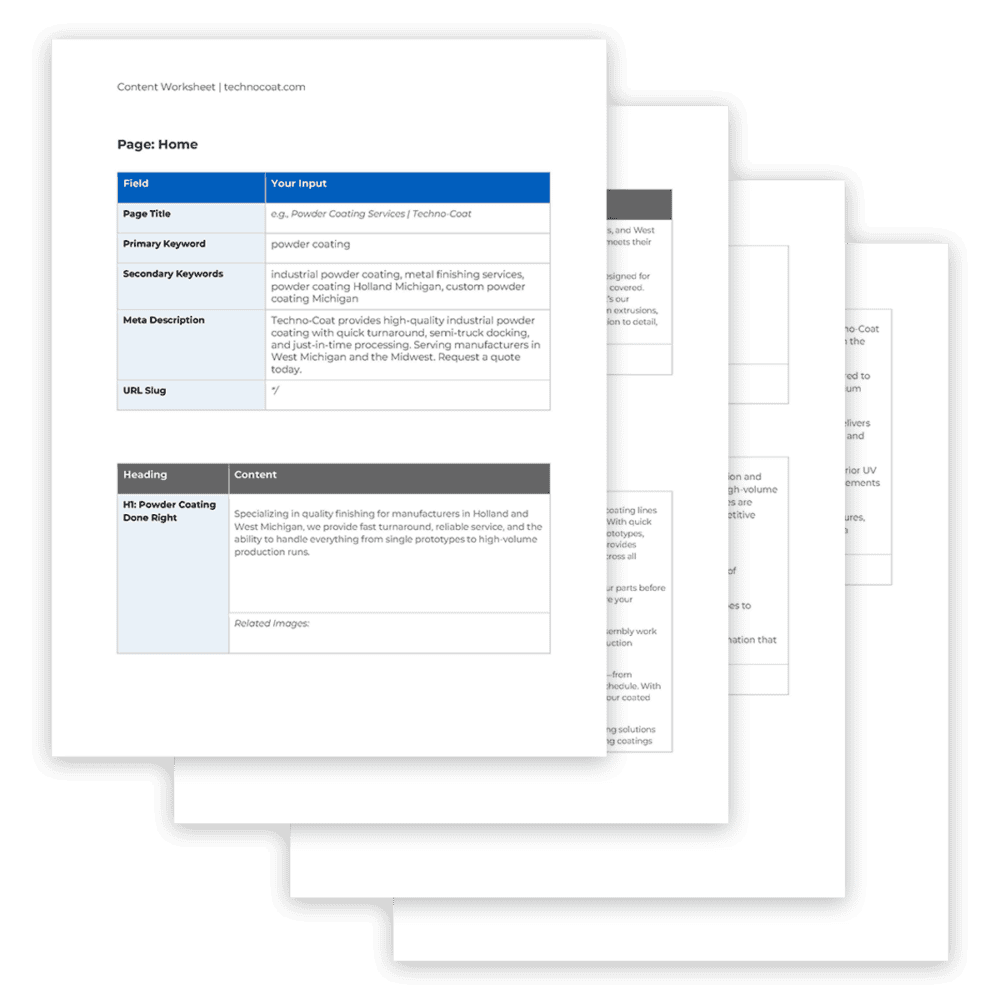 Content worksheets for the Techno-Coat website, showing the content layout and meta data recommended for the home page.