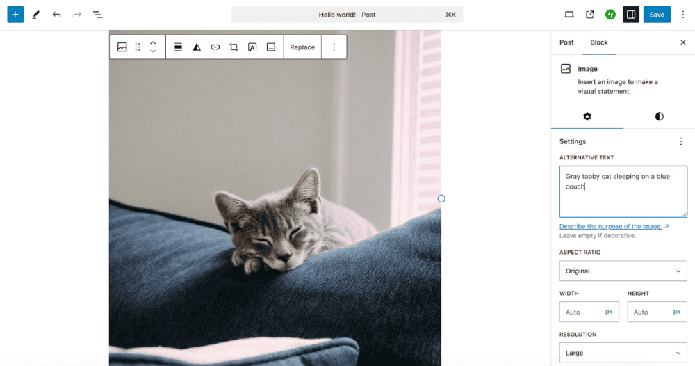 WordPress block editor showing the Alternative Text field filled in for an image