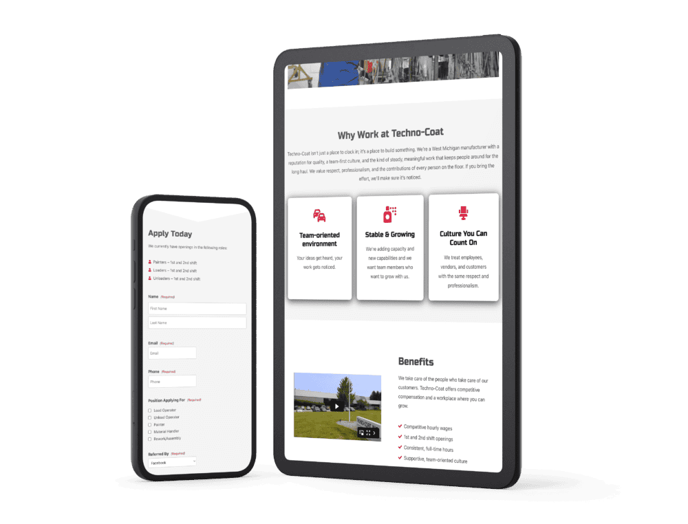 Tablet and phone displaying the Techno-Coat careers page, including a "Why Work at Techno-Coat" section and a job application form.