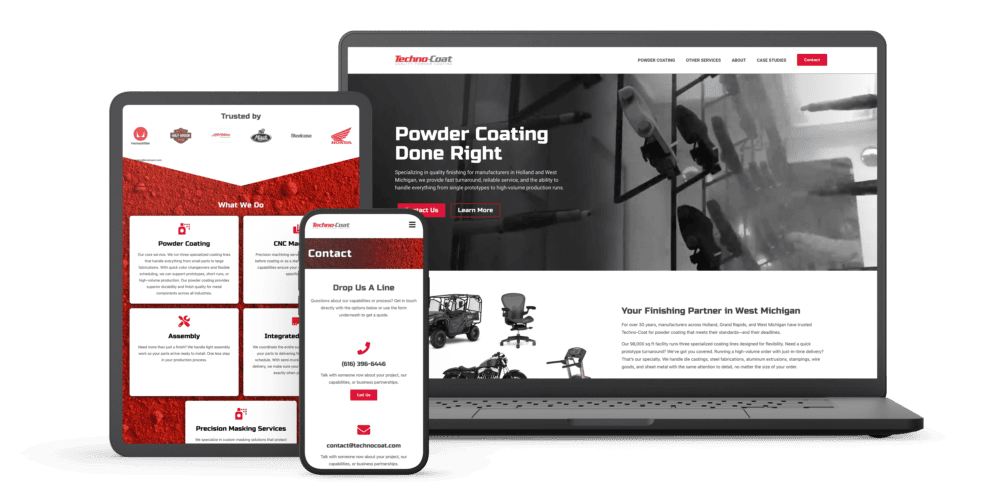 Techno-Coat home and contact pages displayed on three overlapping devices, showing the animated homepage hero, services and social proof block, and mobile-first contact options.