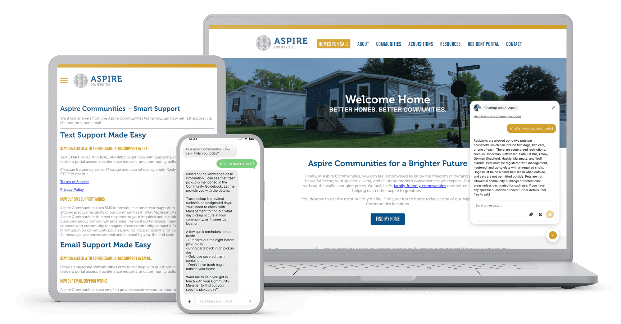 Laptop, tablet, and phone showing the Aspire Communities Smart Support page alongside a live SMS conversation about trash pickup