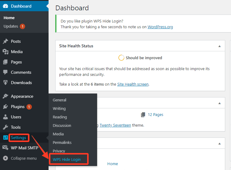 WordPress Settings menu showing navigation to WPS Hide Login plugin to change the default login URL