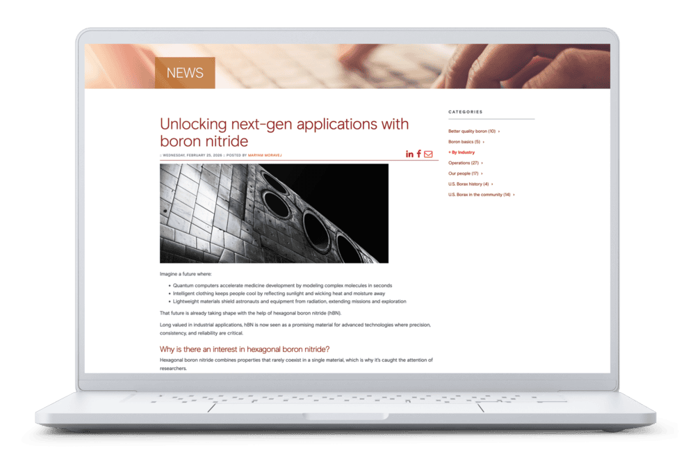Laptop mockup of the U.S. Borax blog article "Unlocking next-gen applications with boron nitride."