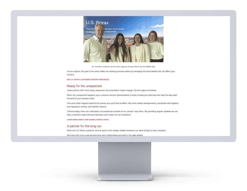Desktop mockup of a U.S. Borax blog article featuring the Frankfurt customer service team, with sections on responsiveness and long-term partnership.