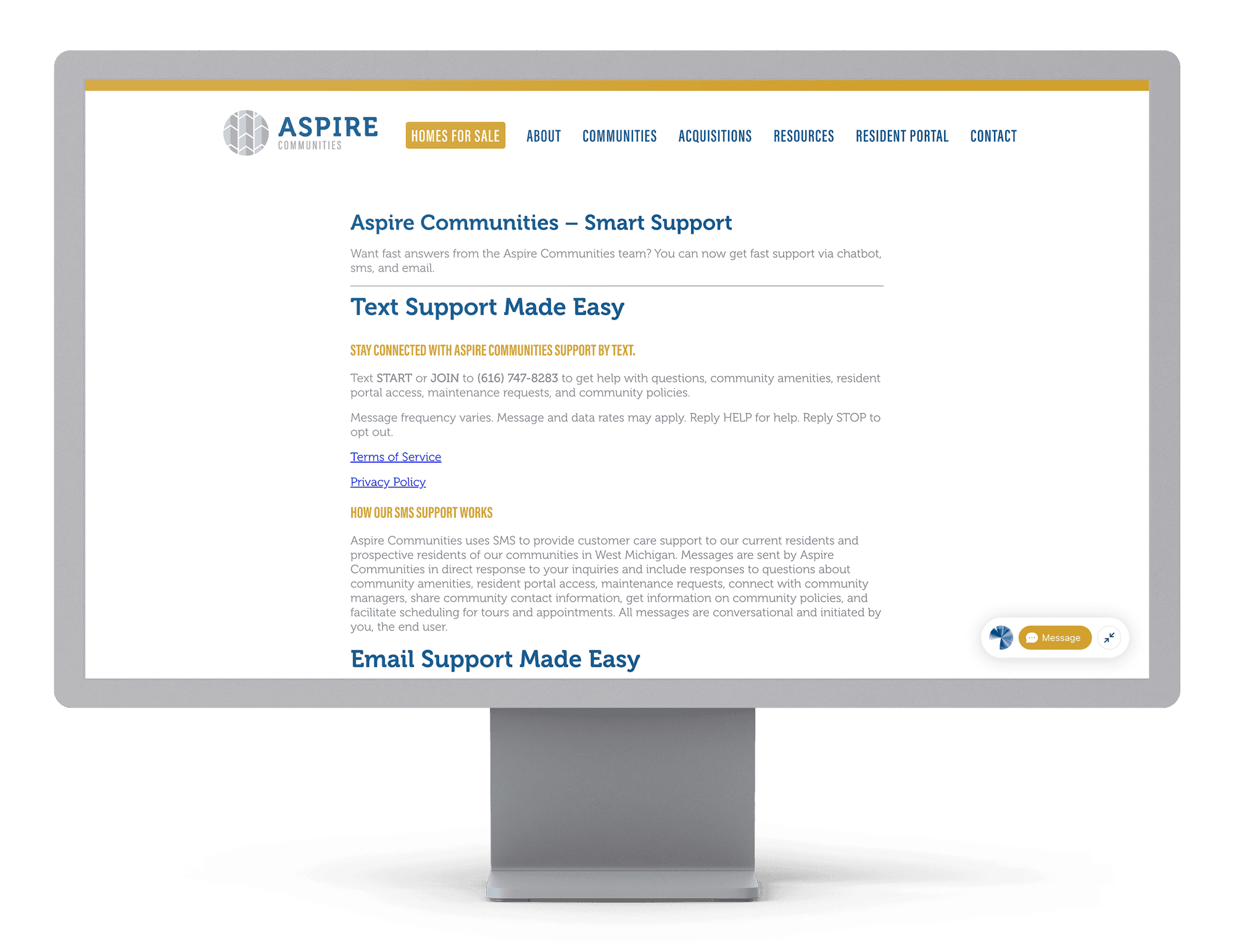 Desktop view of the Aspire Communities Smart Support page detailing text and email support options