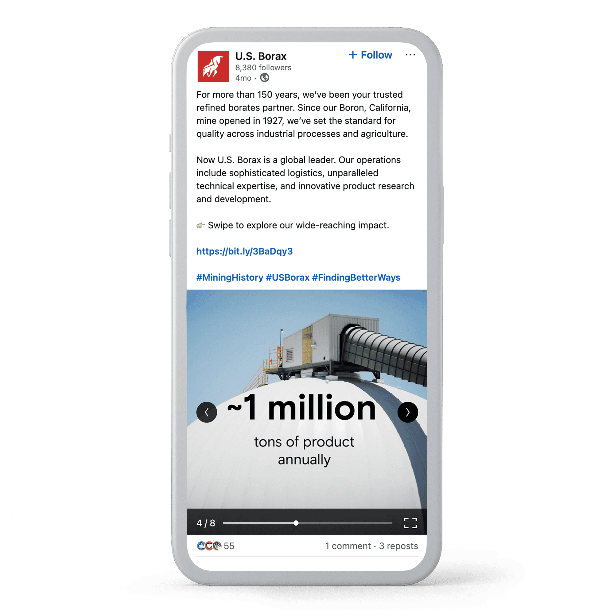 Phone mockup of a U.S. Borax LinkedIn carousel post highlighting the company's 150-year history and a stat of about 1 million tons of product produced annually.