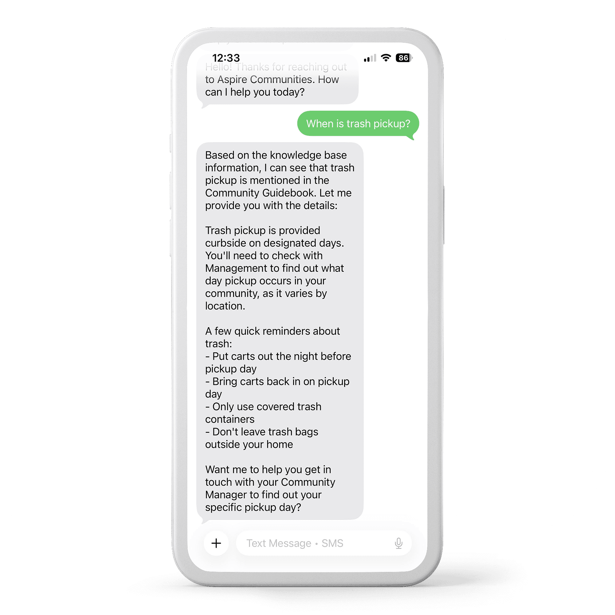 Phone screen showing an SMS exchange with the Aspire Communities AI assistant answering a question about trash pickup