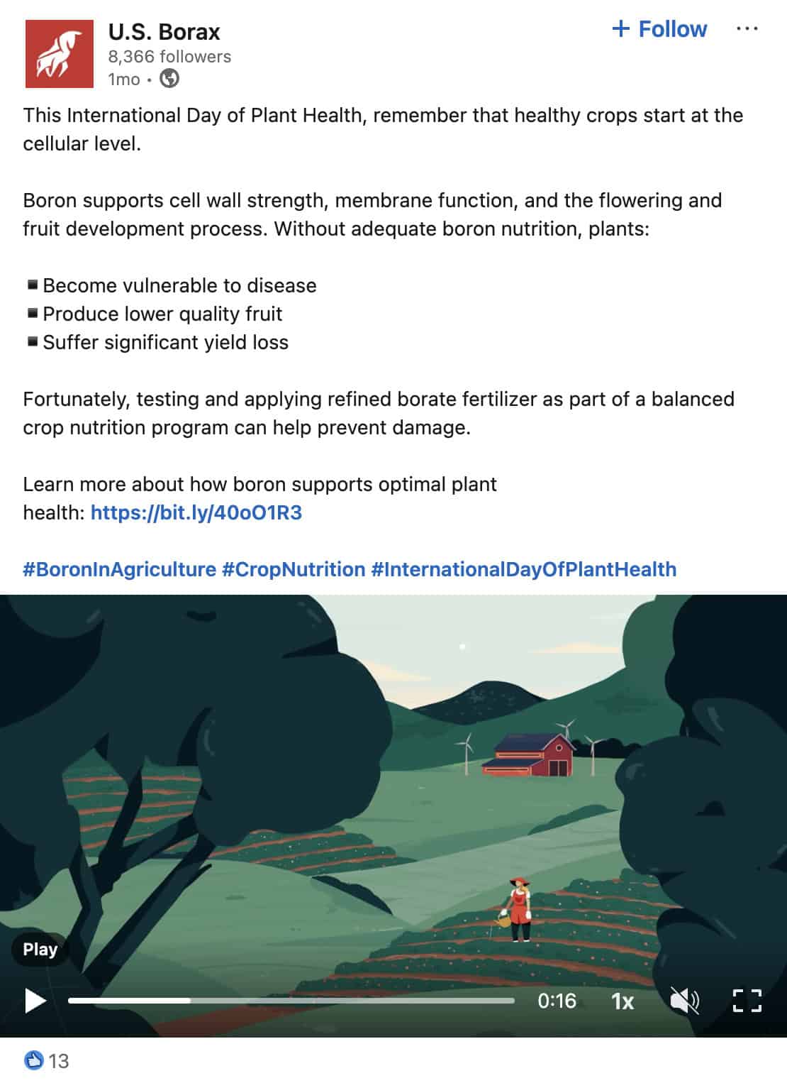 U.S. Borax LinkedIn post for International Day of Plant Health, with an animated video of a farmer walking through crop rows on a wind-powered farm.