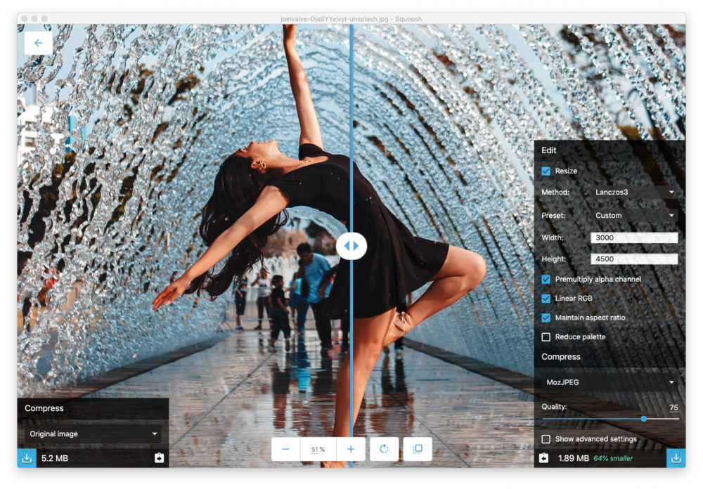 Squoosh image compression tool showing before and after comparison