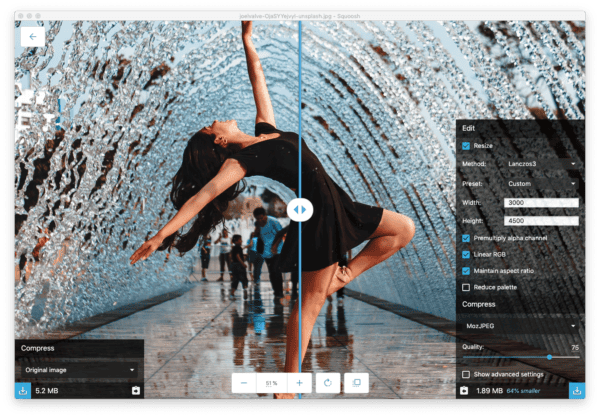 Squoosh image compression tool showing before and after comparison