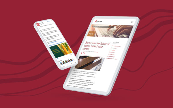 Phone and tablet mockup on a red wave background, showing the National Corn on the Cob Day post and the space-based solar power blog article.