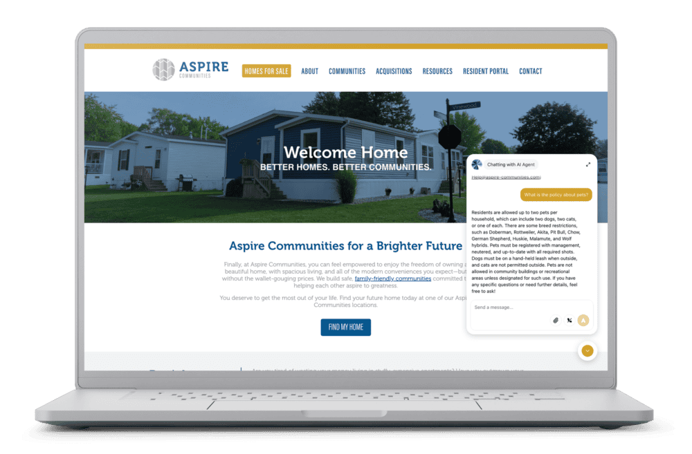 Laptop displaying the Aspire Communities homepage with the AI chat assistant open, answering a resident question about pet policy