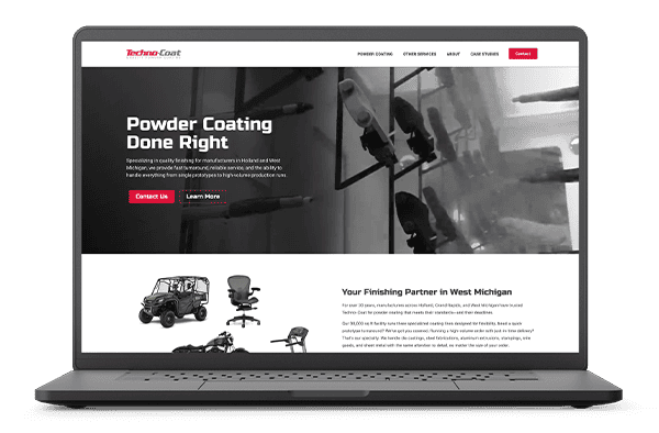 Laptop displaying the Techno-Coat homepage, featuring the headline "Powder Coating Done Right" and an overview of their West Michigan finishing services.