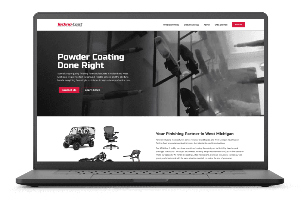 Laptop displaying the Techno-Coat homepage, featuring the headline "Powder Coating Done Right" and an overview of their West Michigan finishing services.