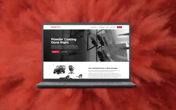 Laptop displaying the Techno-Coat homepage, featuring the headline "Powder Coating Done Right" and an overview of their West Michigan finishing services.