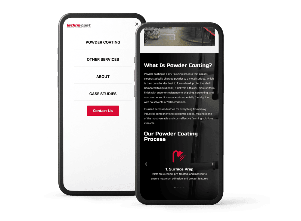 Two mobile phones showing the Techno-Coat website mobile nav and services page.