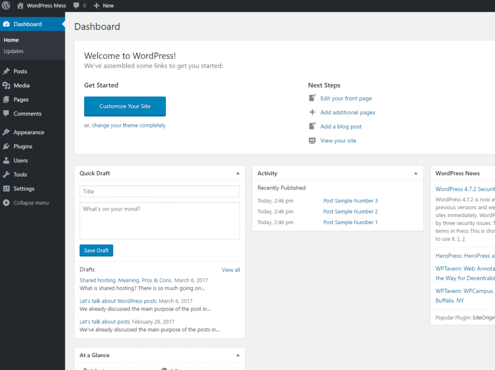 WordPress dashboard homepage showing site overview, activity, and quick draft panel. The starting point for fixing common WordPress problems.