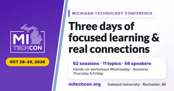 MITechCon 2026 promotional graphic for three days of sessions and workshops at Oakland University, October 28 to 30