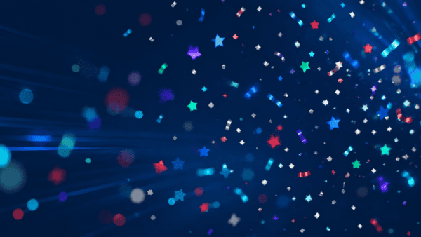 Star-shaped confetti and streamers scattered across a dark blue background
