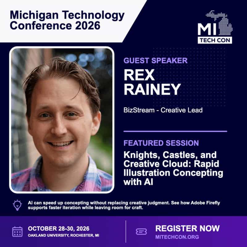Rex Rainey, Creative Lead at BizStream, speaking at MITechCon 2026 on rapid illustration concepting with AI