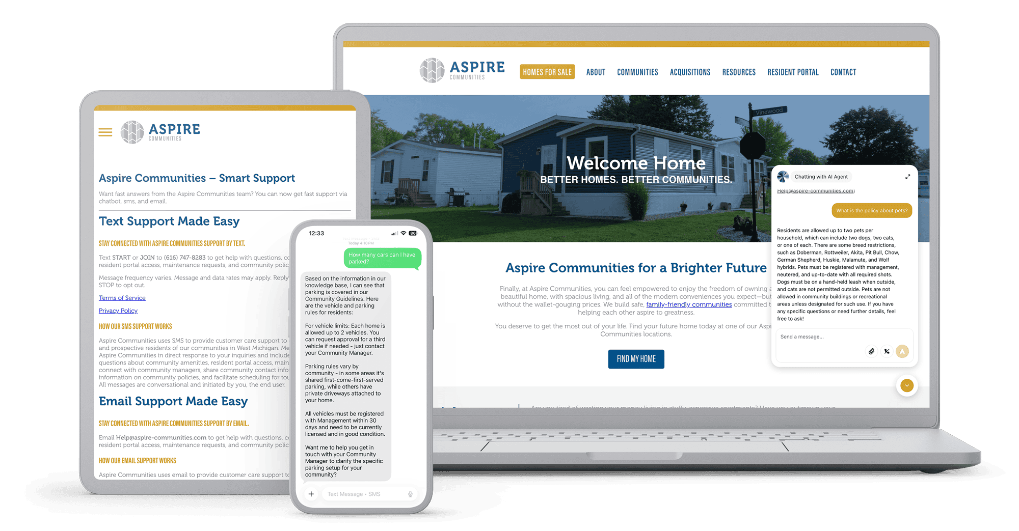 Laptop, tablet, and phone showing the Aspire Communities Smart Support page alongside a live SMS conversation about trash pickup