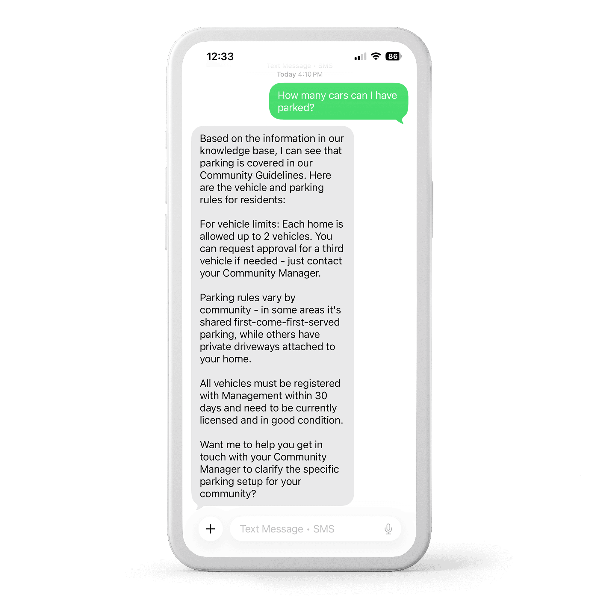 Phone screen showing an SMS exchange with the Aspire Communities AI assistant answering a question about trash pickup