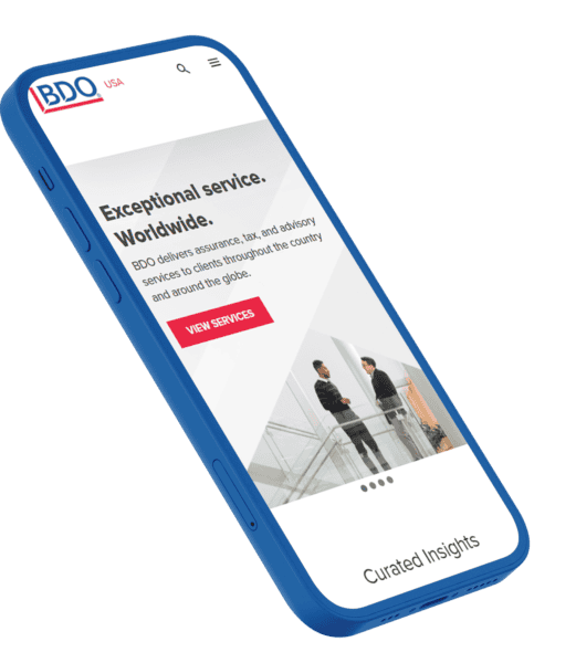 BDO USA mobile website experience by BizStream, shown on a smartphone.